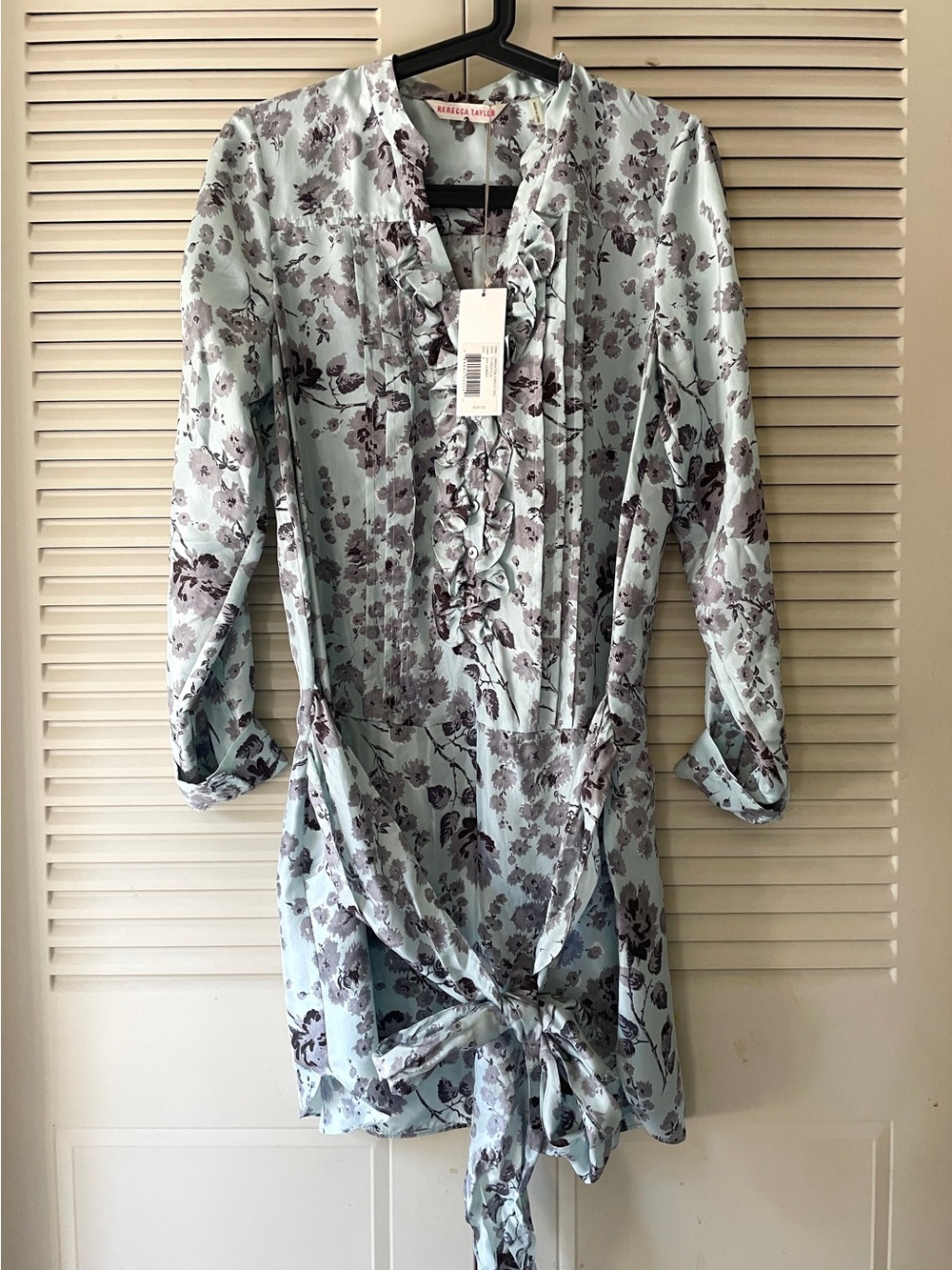 NWT Vintage Rebecca Taylor Light Blue Floral Ruffle Dress, 100% Silk, Size 4